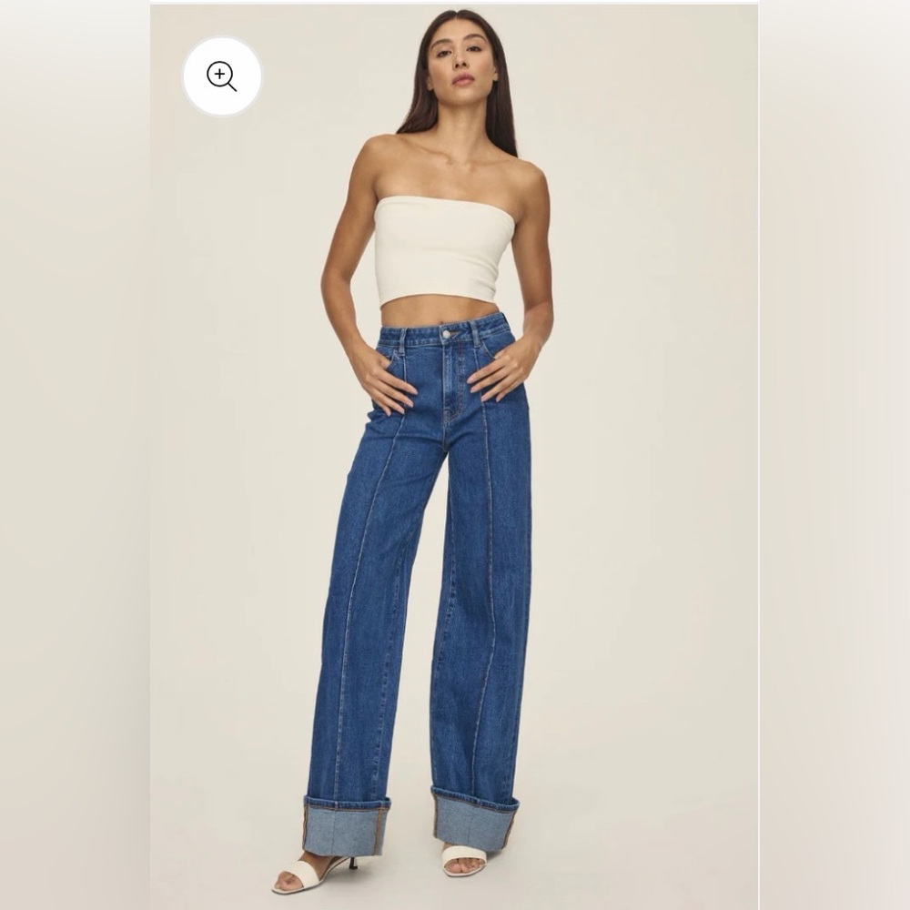 Warp + Weft Contrast-Seam Wide Leg Jeans in Blue